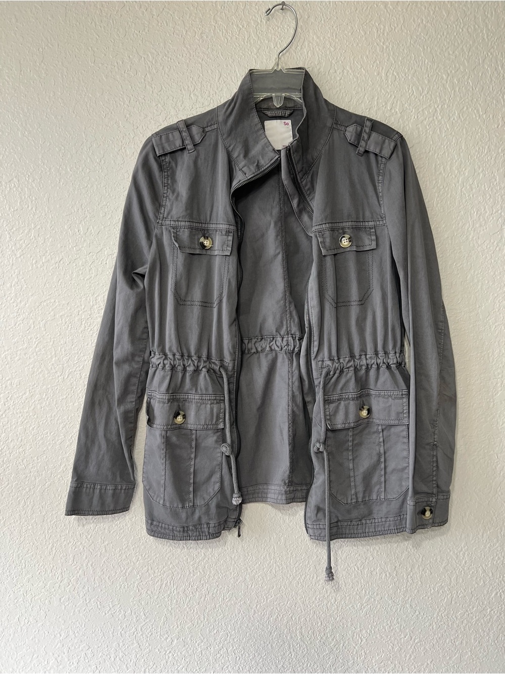 Women’s Utility Jacket Gray Military Army Drawstring Grunge Pockets Size Medium